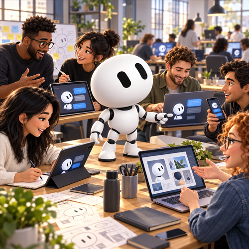 GrokBot with a team brainstorming around a work table