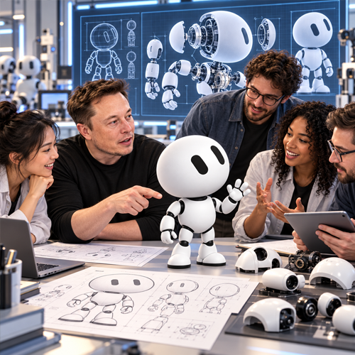 GrokBot on a table of robot sketches and parts
